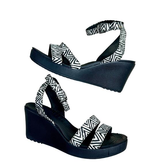 CROCS Shoes - Crocs Leigh Ankle Strap Wedge Sandals Womens Size 10 Black Zebra Stripe Heels